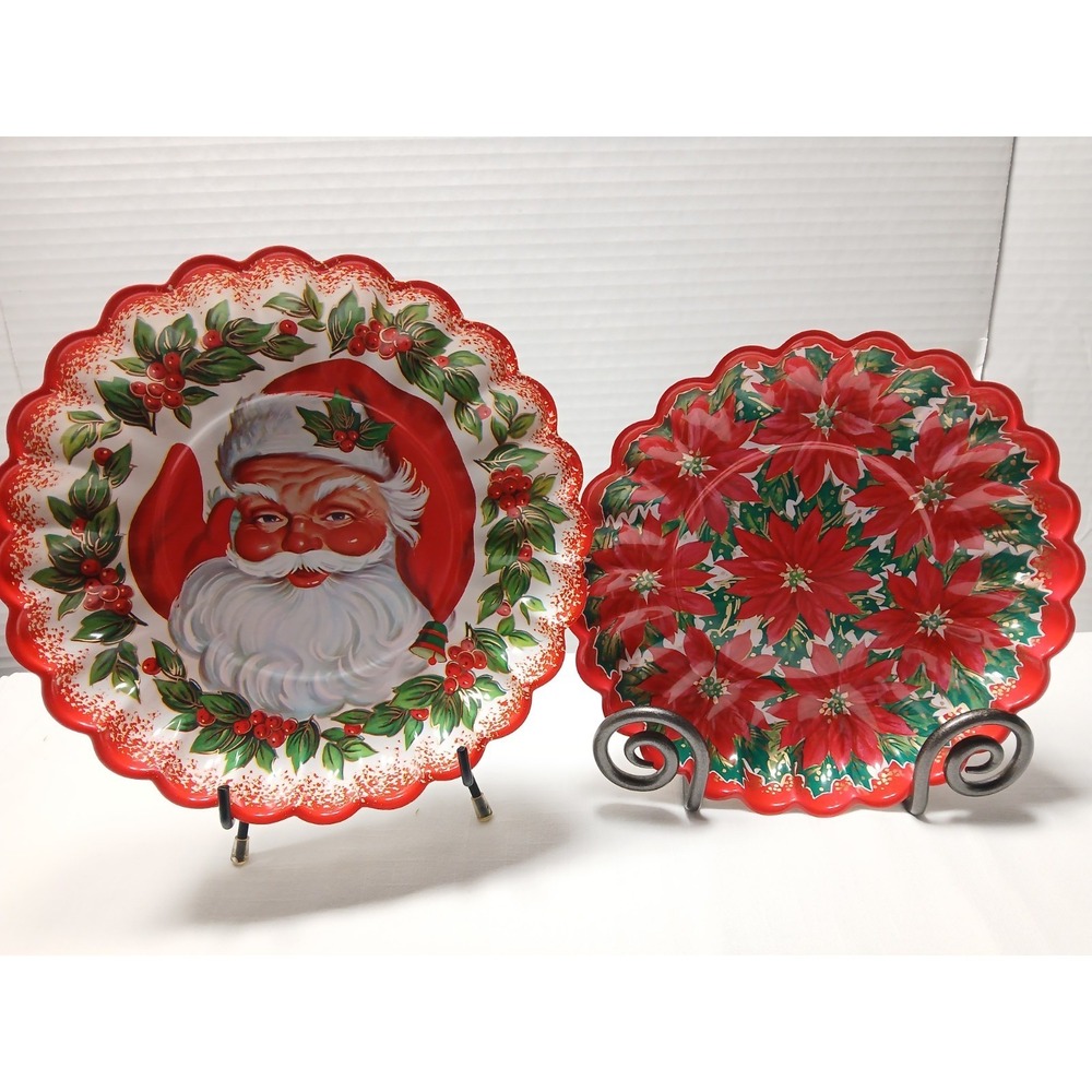 Vintage Christmas 1960's Plastic Cookie Trays Santa With Holly And Poinsettia